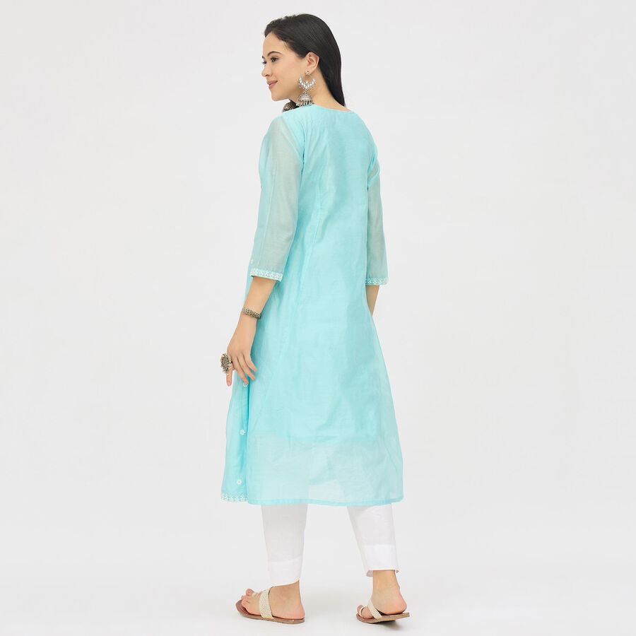 Women's Bright Aqua Blue V-Neck Embroidered Flared Kurta, एक्वा, large image number null