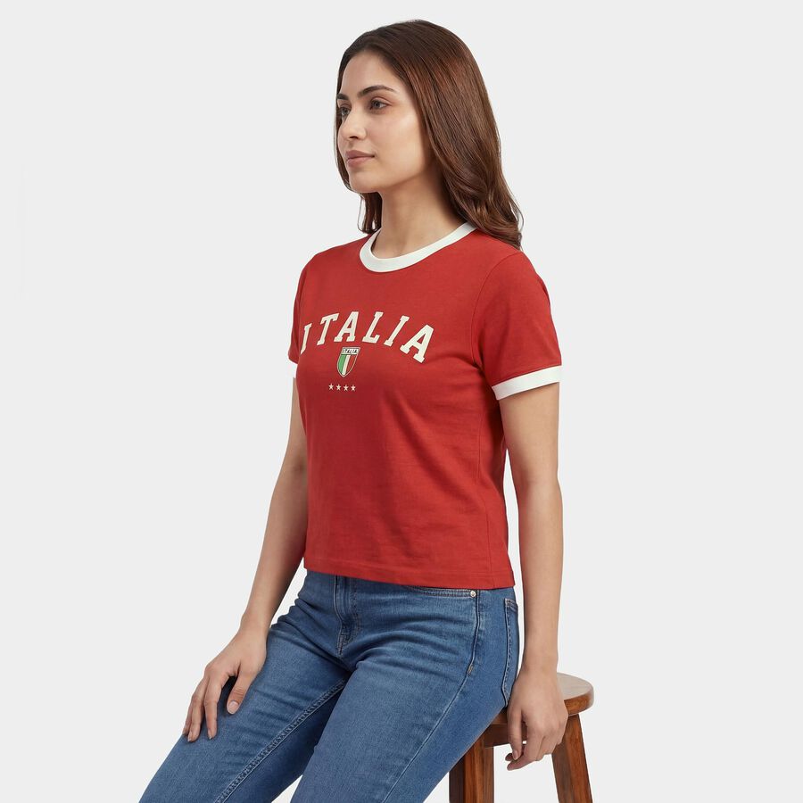 Women's Fuchsia Cotton Blend Round Neck Casual Graphic T-Shirt, रानी (फ्यूशिया), large