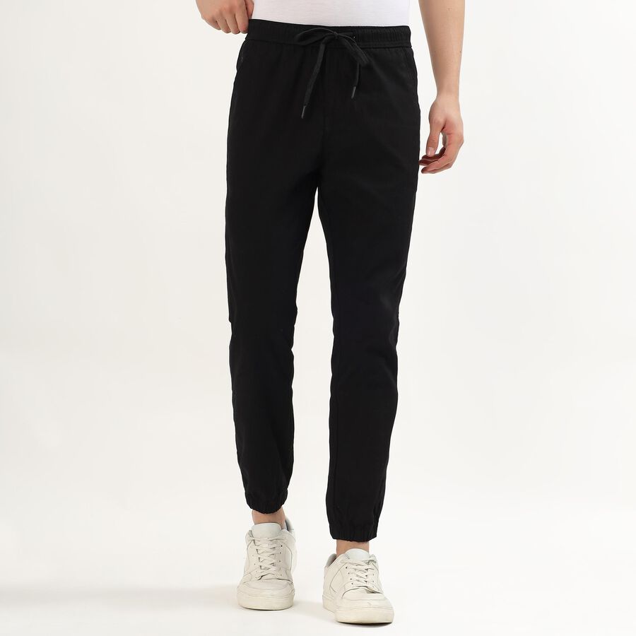 Men's Jet Black Slim Fit Elasticated Casual Trousers, Black, large