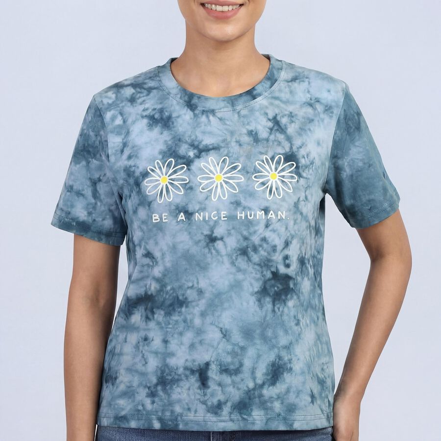 Women's Blue Cotton Round Neck Casual T-Shirt, नीला, large