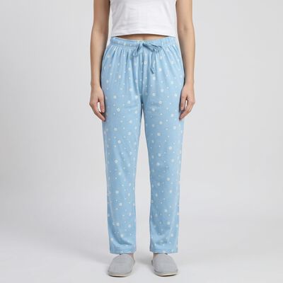 Women's Light Blue Straight Fit Floral Cotton Blend Pyjama