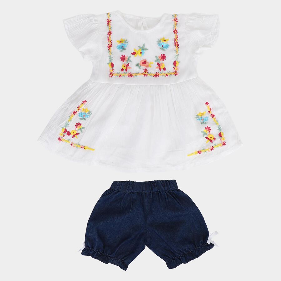 Infants White Round Neck Co-ord Set Upper and Bottom Set, White, large