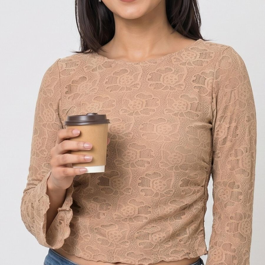Women's Beige Round Neck Regular Top, गहरा पीला, large