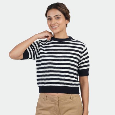 Women's Navy Blue Cotton Mock Neck Classic Top