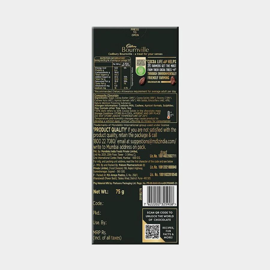 Bournville Fruit & Nut 50% Dark Chocolate, 75 g, large