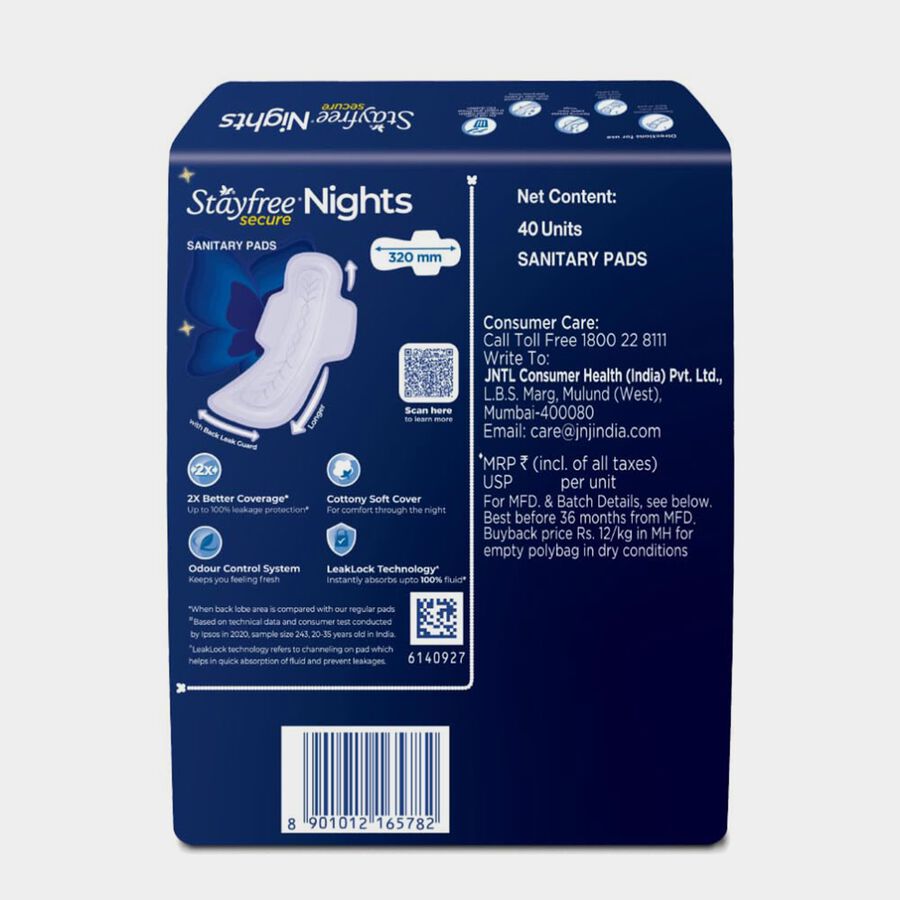 Secure Nights Sanitary Napkins with Back Leak Guards, , large image number null