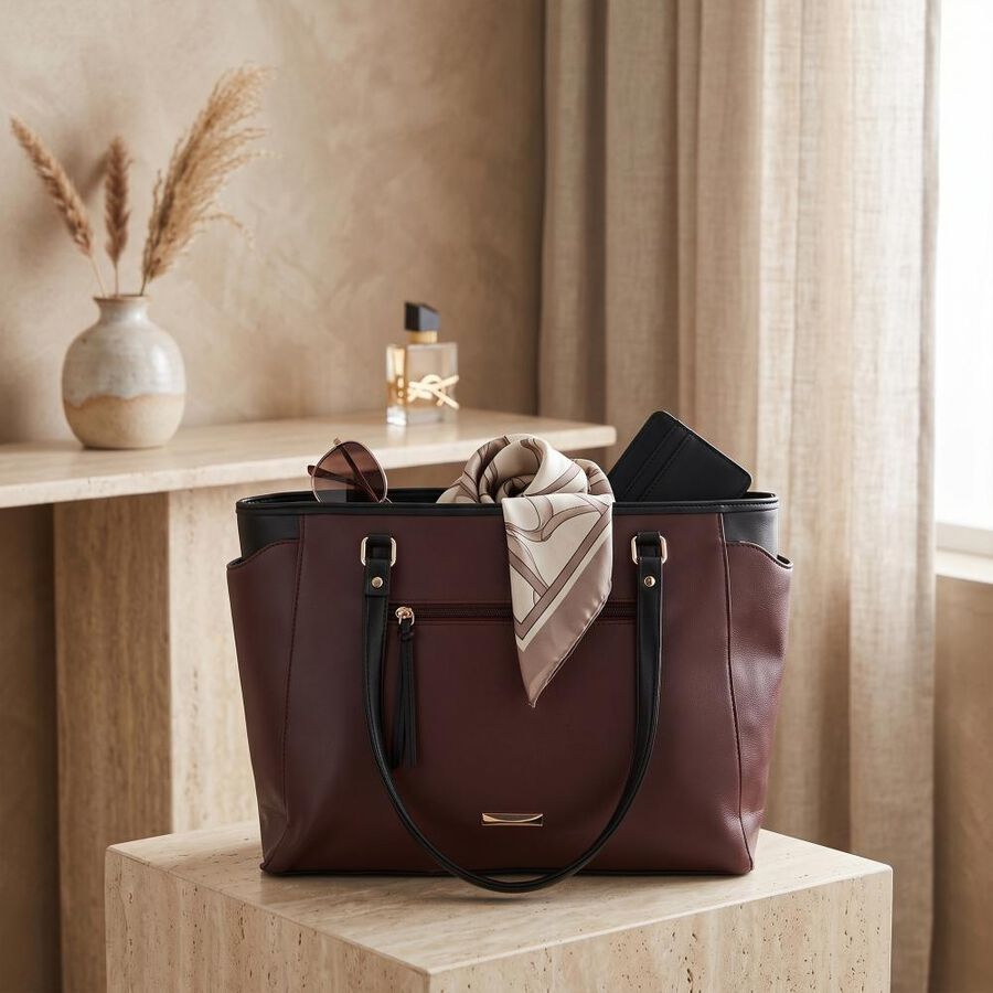 Maroon Polyurethane Hand Bag, , large