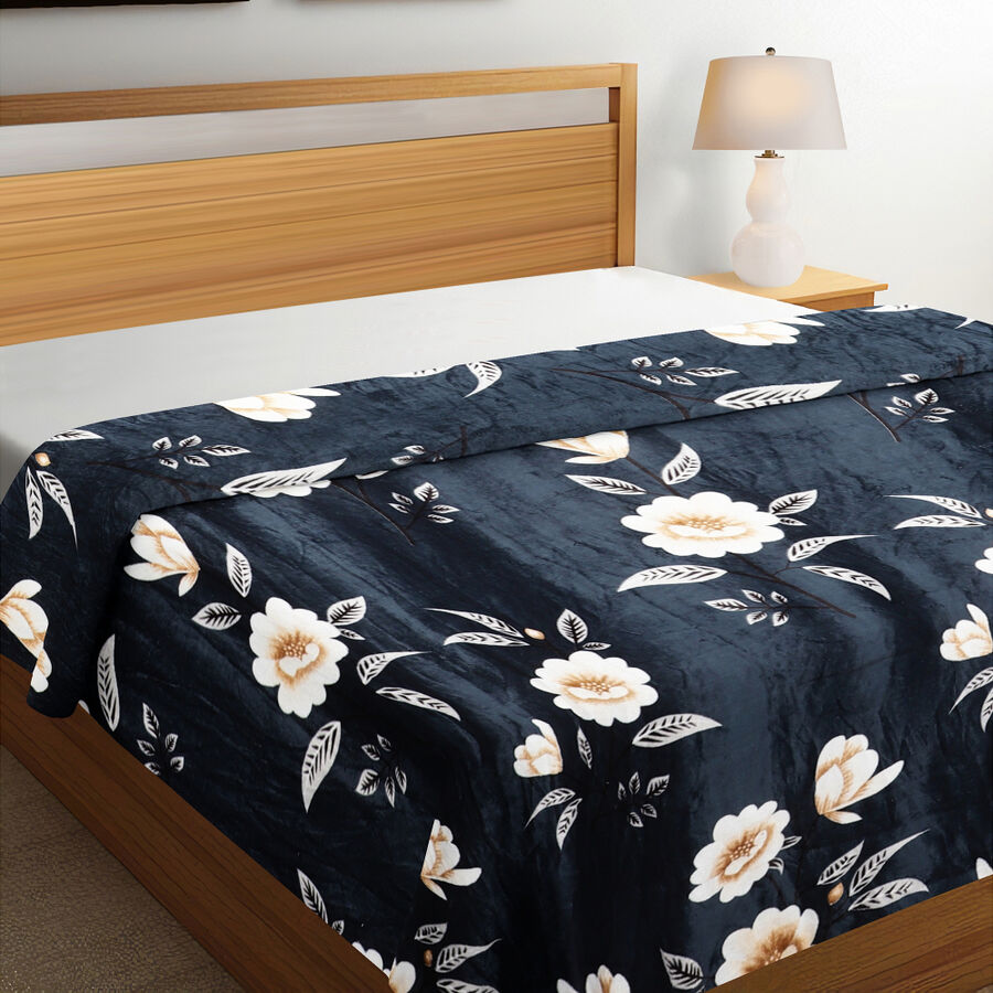Dark Blue Floral Printed Double Blanket, , large