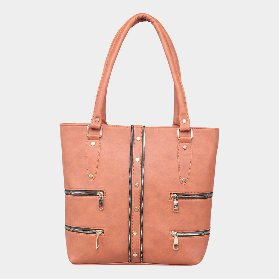 Women's Tan Polyurethane Tote Bag, , large