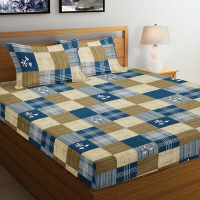 Blue and Beige Geometric Printed Double Bedsheet