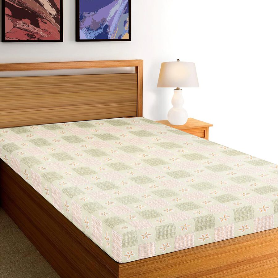 Pastel Green Cotton Floral Printed Single Bedsheet, , large
