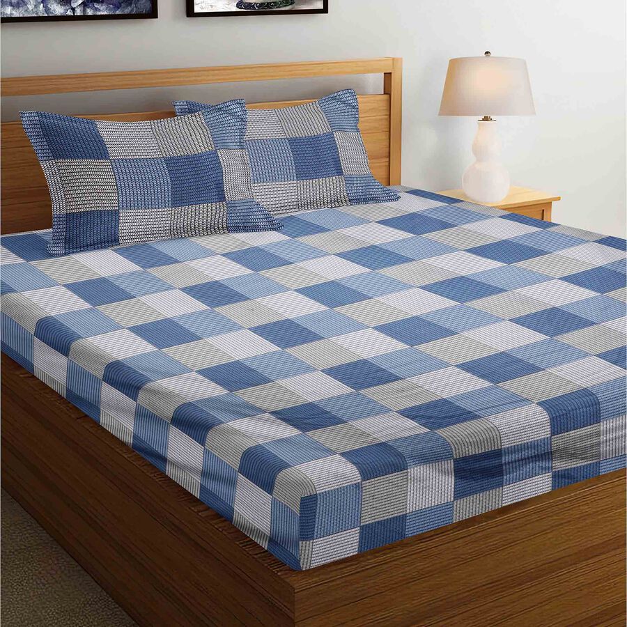 Blue Microfiber Double Bedsheet with Pillow Cover, , large