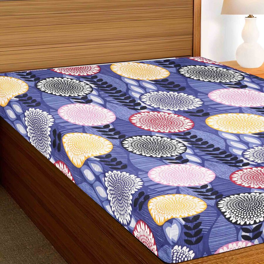 Blue Floral Printed Single Bedsheet, , large