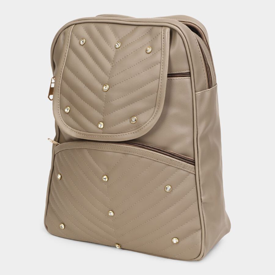 Women's Beige Polyurethane Backpack, , large