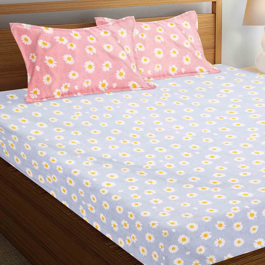 Blue Microfiber Double Bedsheet with Pillow Cover, , large