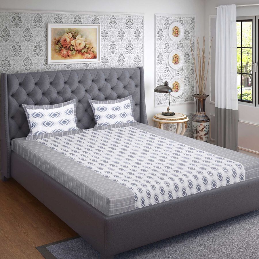 Grey Cotton Blend Double Bedsheet With Pillow Cover, , large image number null