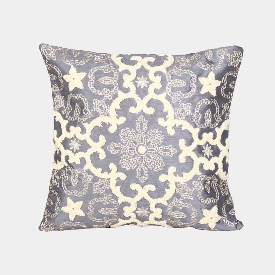 Grey Embroidered Floral Cushion Cover, , large