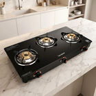 LPG Gas Stove 3 Burner Glass Top, 1 star BEE rating, , small