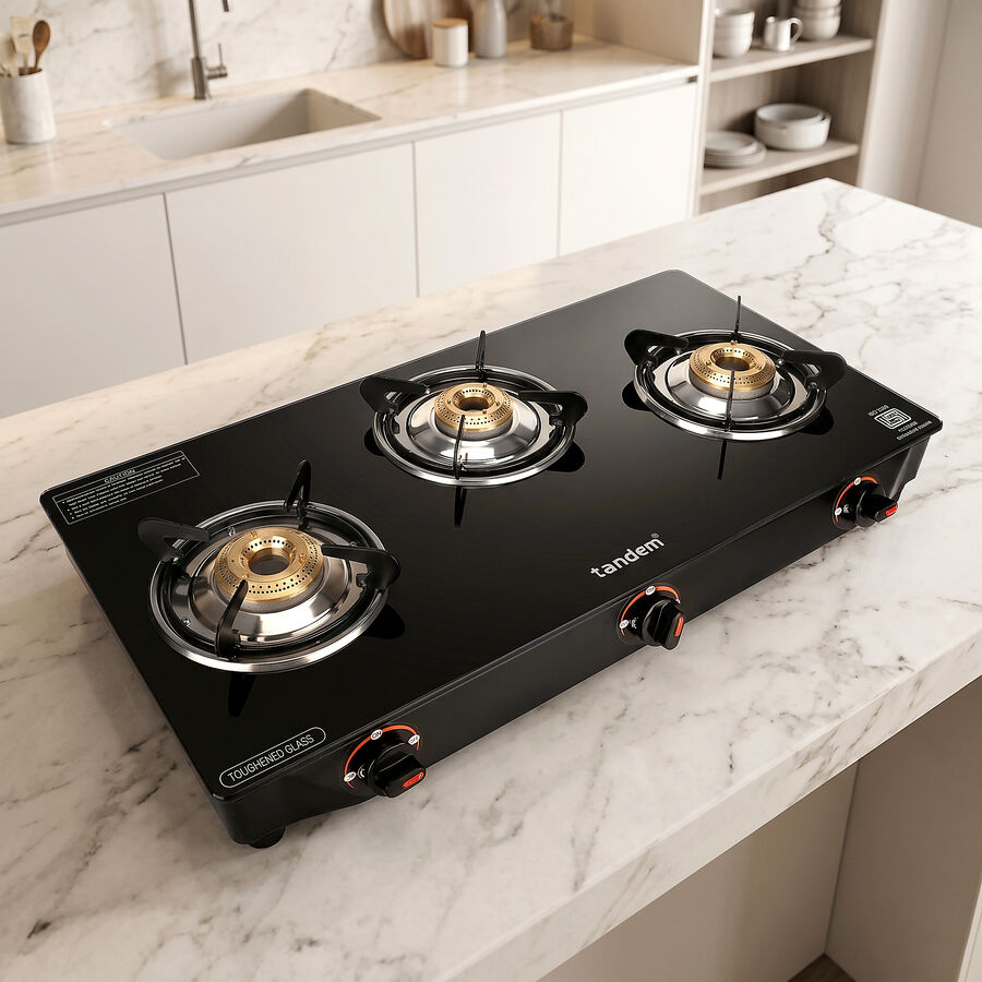 LPG Gas Stove 3 Burner Glass Top, 1 star BEE rating, , large