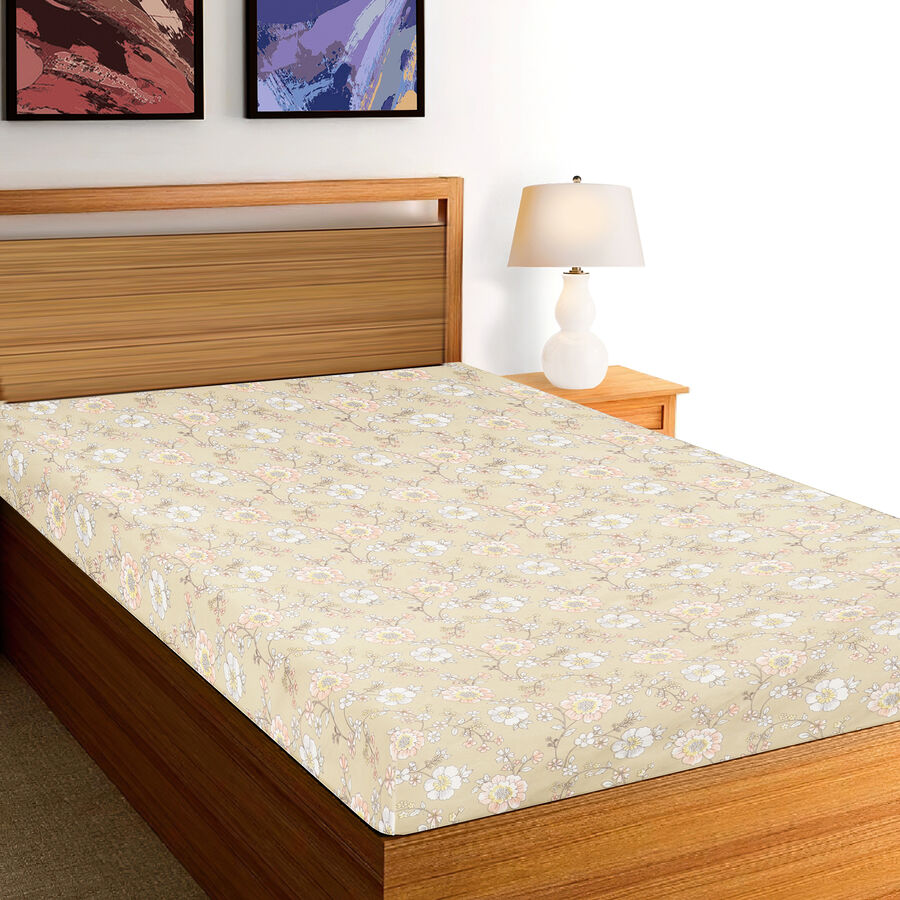 Beige Floral Printed Single Bedsheet, , large