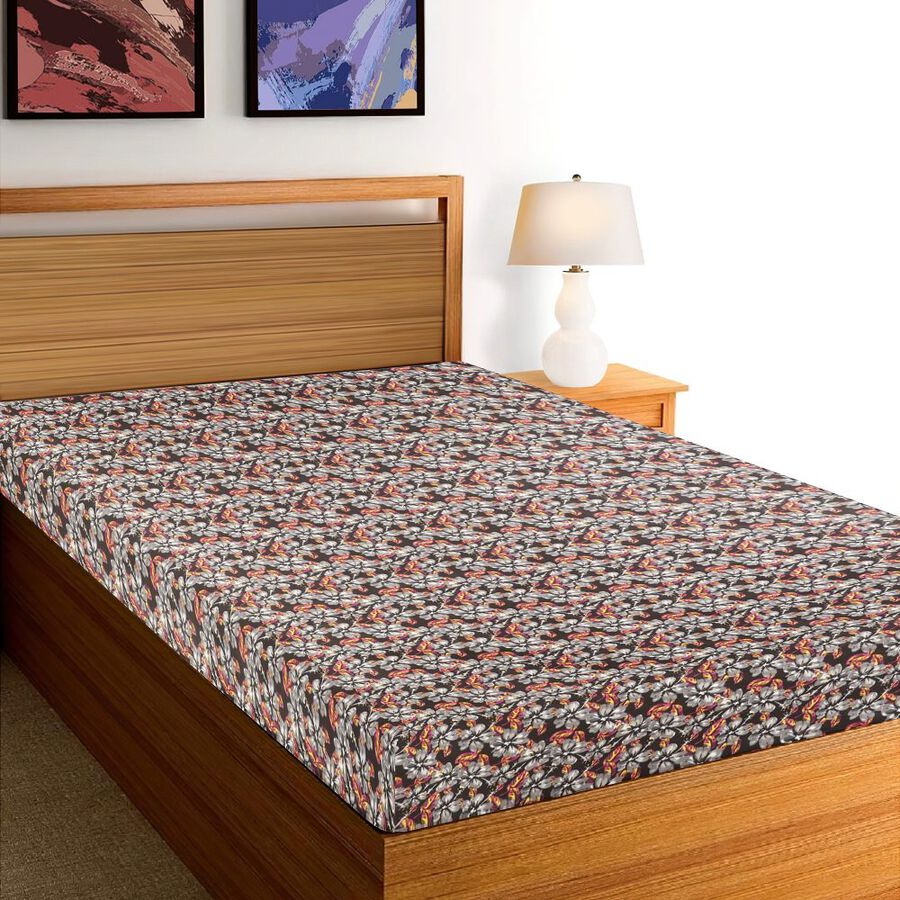 Dark Brown Cotton Floral Printed Single Bedsheet, , large