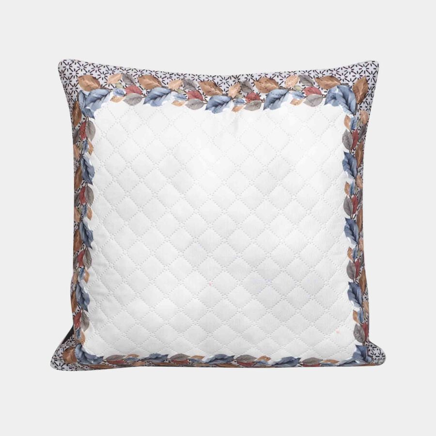 White Quilted Floral Printed Cushion Cover, , large