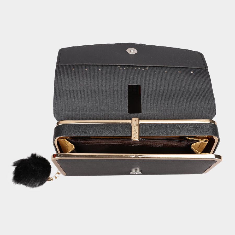 Women's Black Polyurethane Clutch Bag, , large