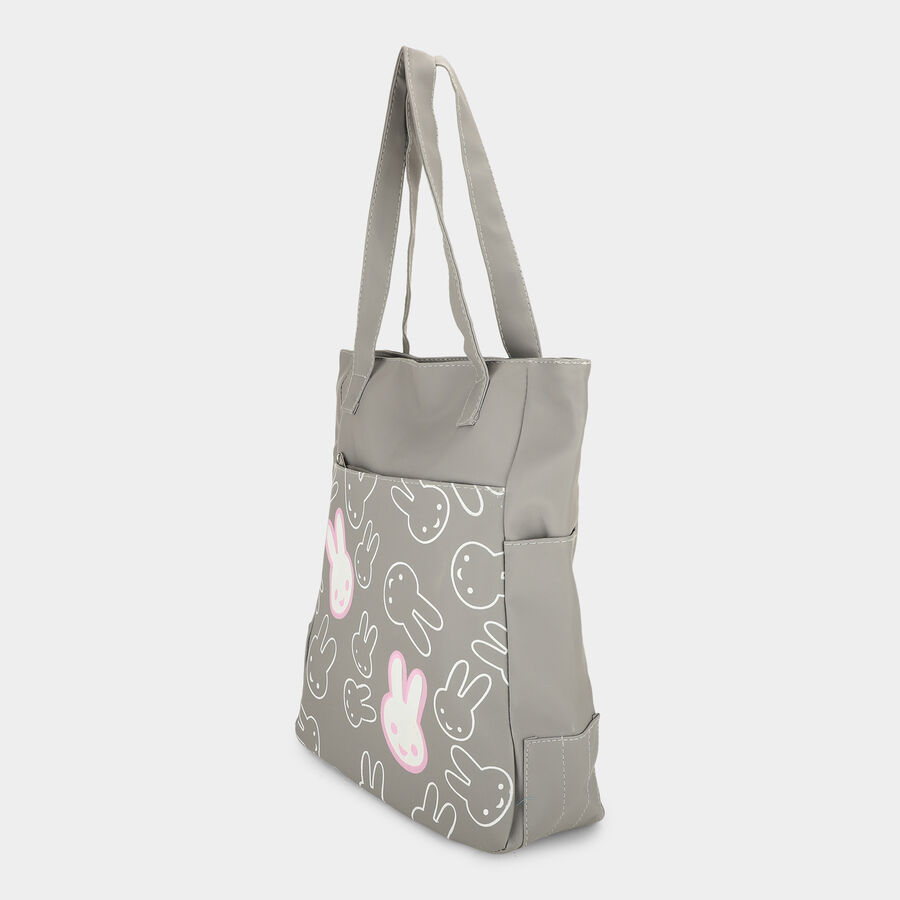 Women Grey Bunny Print Shoulder Tote Bag with Front Zip Pocket, , large