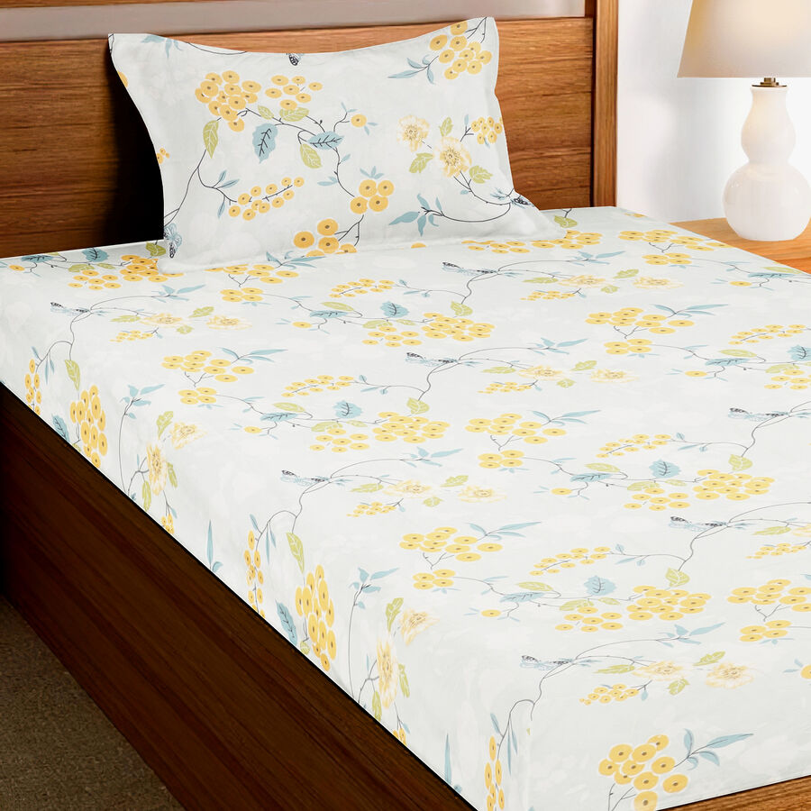 Yellow Floral Printed Single Bedsheet with Pillow Cover, , large