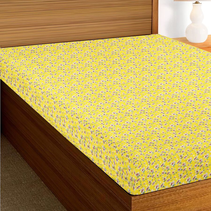 Yellow Cotton Floral Printed Single Bedsheet, , large