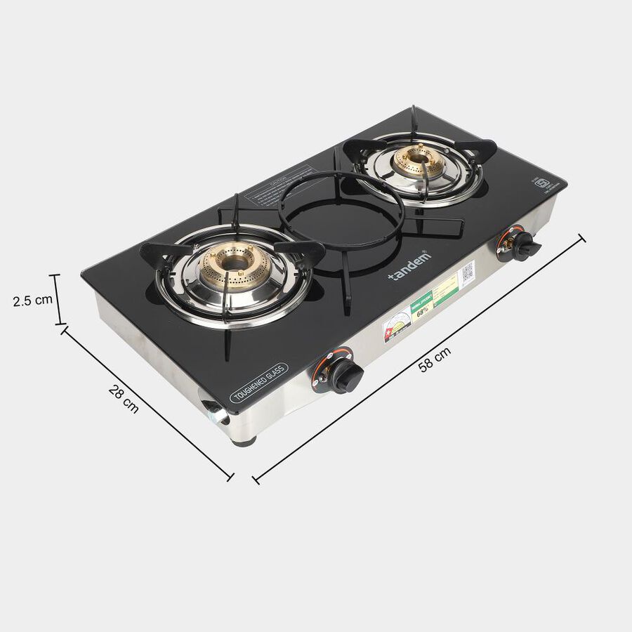 LP Gas Stove 2 Burner Glass Top, 1 star BEE rating, , large