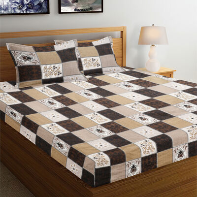 Beige and Brown Geometric Printed Double Bedsheet with Pillow Covers