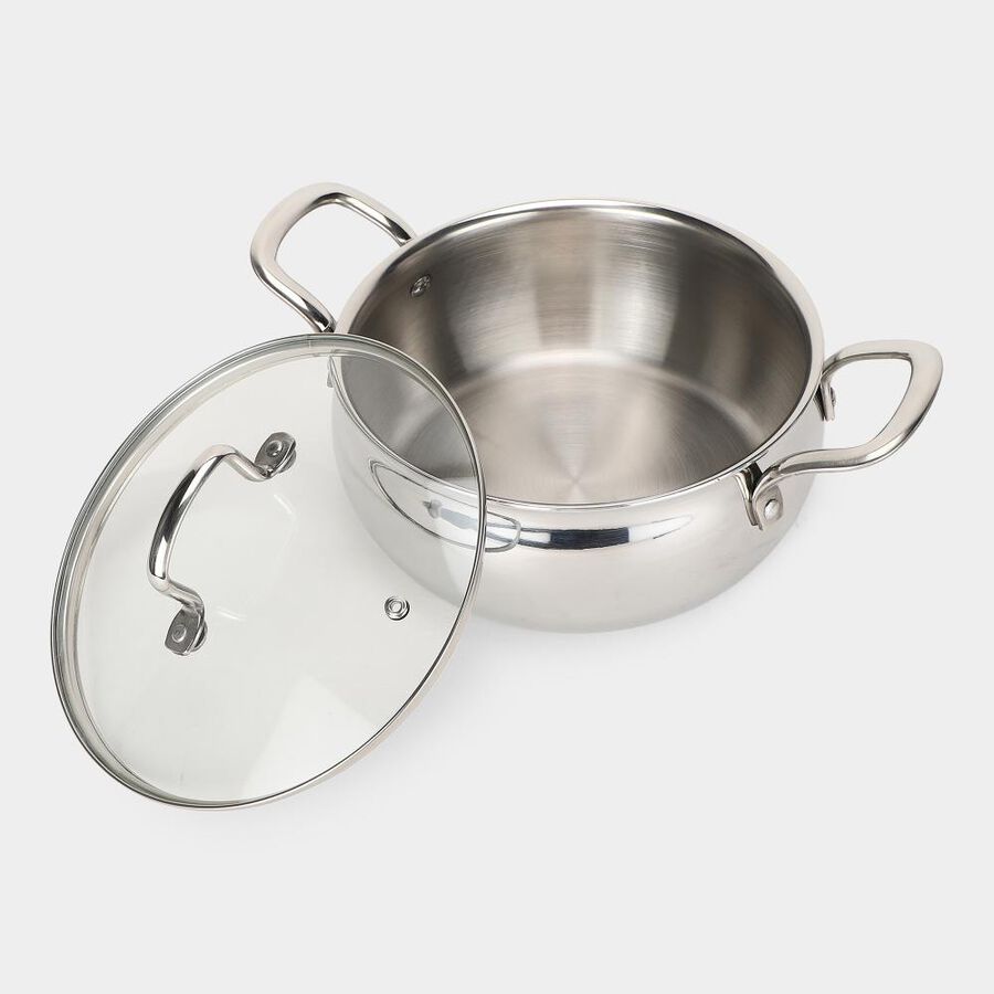  3Ply Cook & Serve with Glass lid, 3L capacity, 20cm diameter, SS304 Inner Food-grade stainless steel layer, Gas + Induction compatible, , large