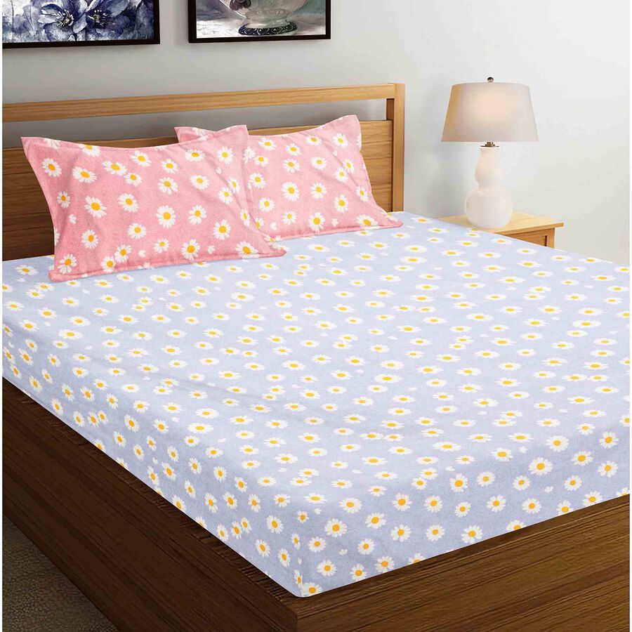 Blue Microfiber Double Bedsheet with Pillow Cover, , large