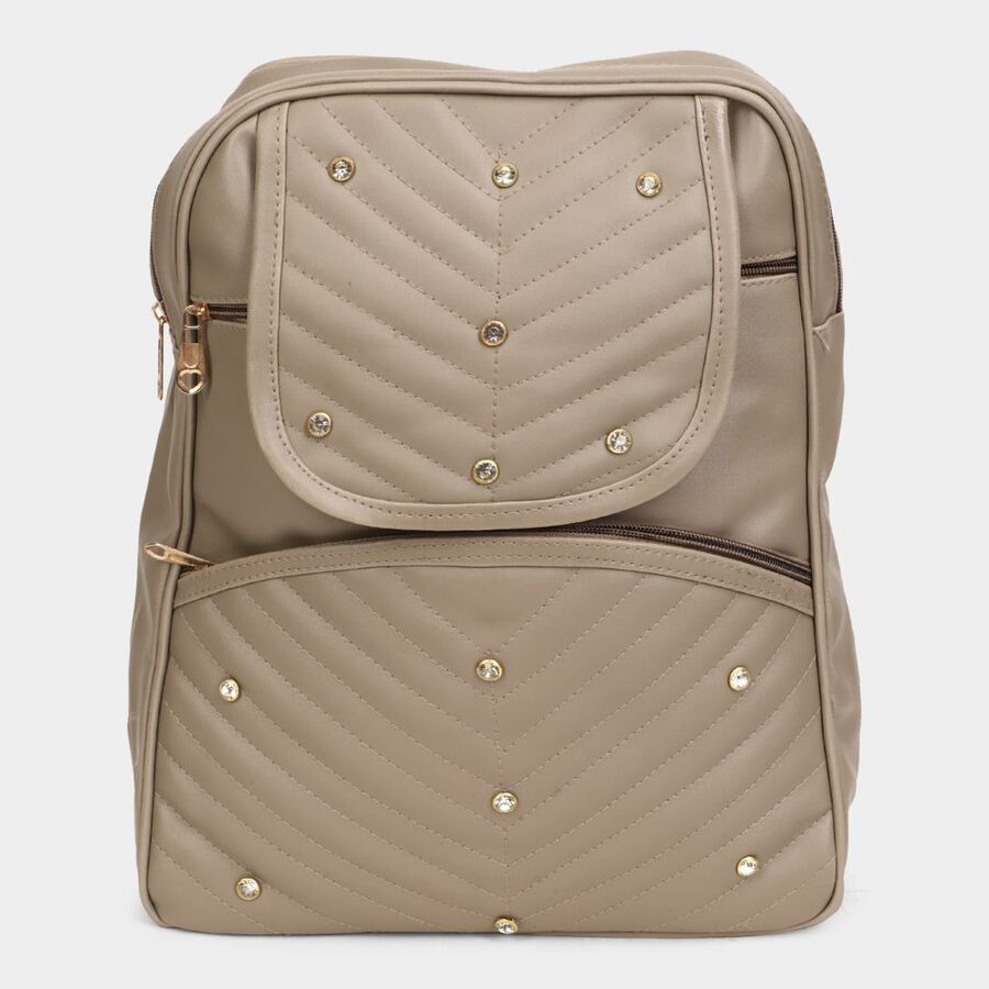 Women's Beige Polyurethane Backpack, , large