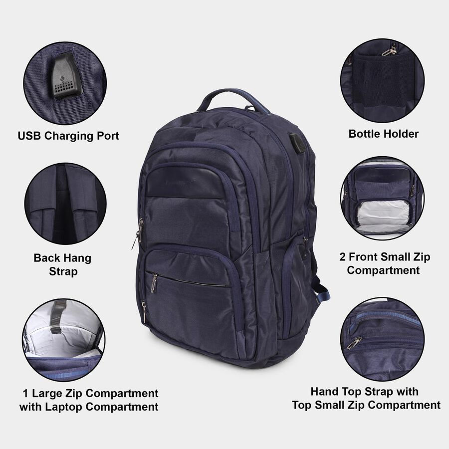 Dark Blue Polyester Backpack with Laptop Compartment and USB Port, , large image number null