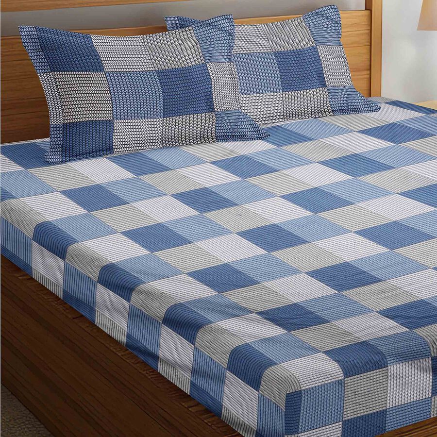 Blue Microfiber Double Bedsheet with Pillow Cover, , large