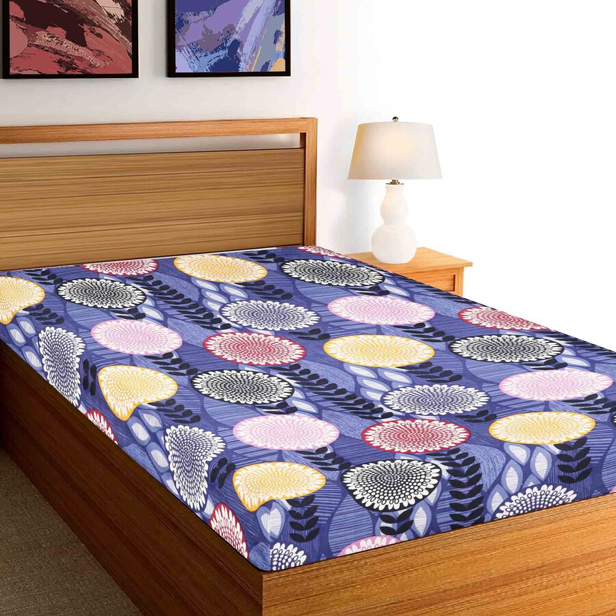 Blue Floral Printed Single Bedsheet, , large