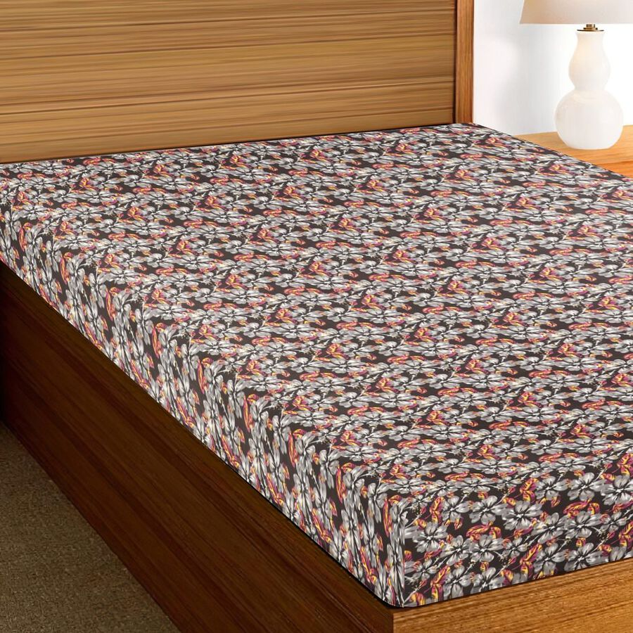 Dark Brown Cotton Floral Printed Single Bedsheet, , large