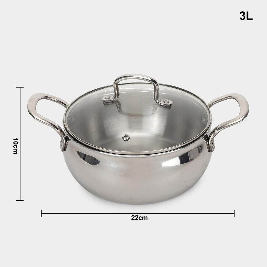  3Ply Cook & Serve with Glass lid, 3L capacity, 20cm diameter, SS304 Inner Food-grade stainless steel layer, Gas + Induction compatible, , large
