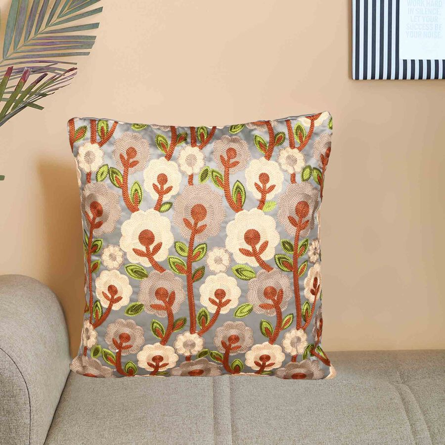 Grey Floral Embroidered Cushion Cover, , large