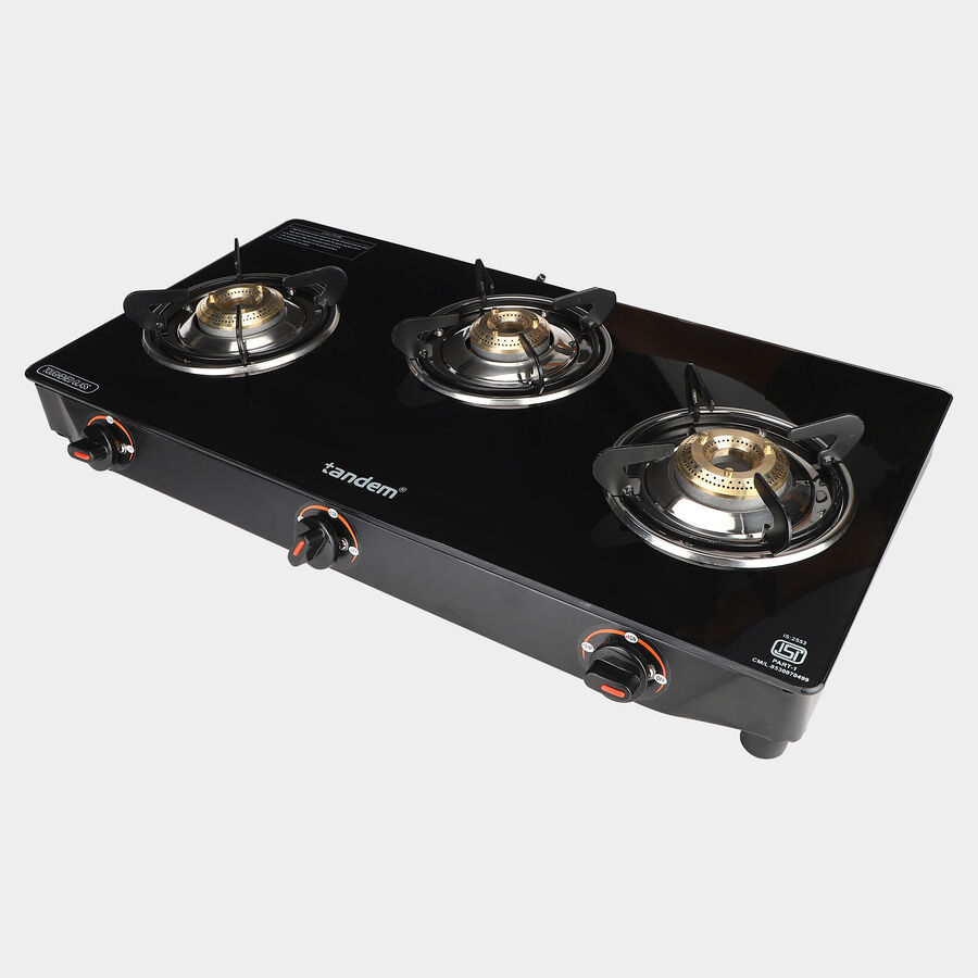 LPG Gas Stove 3 Burner Glass Top, 1 star BEE rating, , large