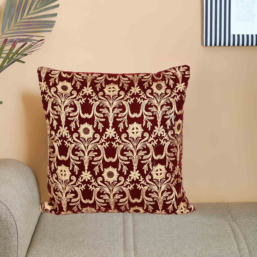 Red Floral Embroidered Cushion Cover, , large