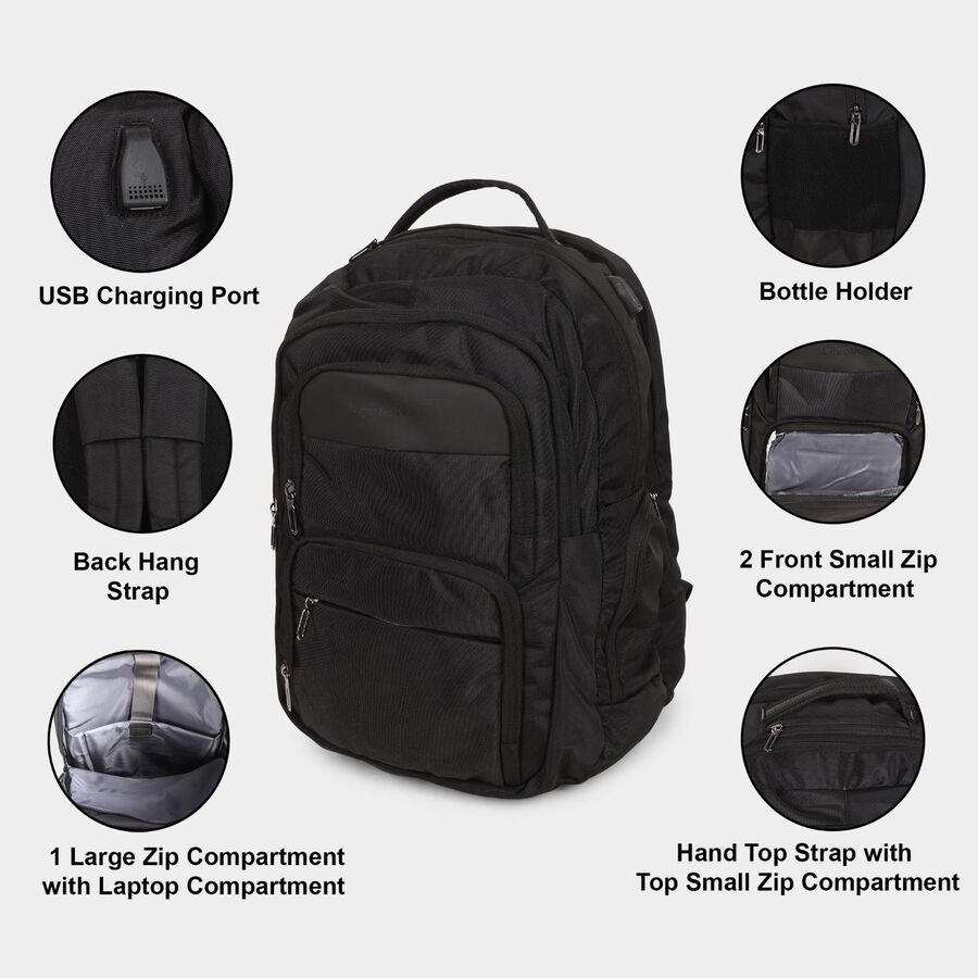 Black Polyester Backpack with Laptop Compartment and USB Port, , large image number null