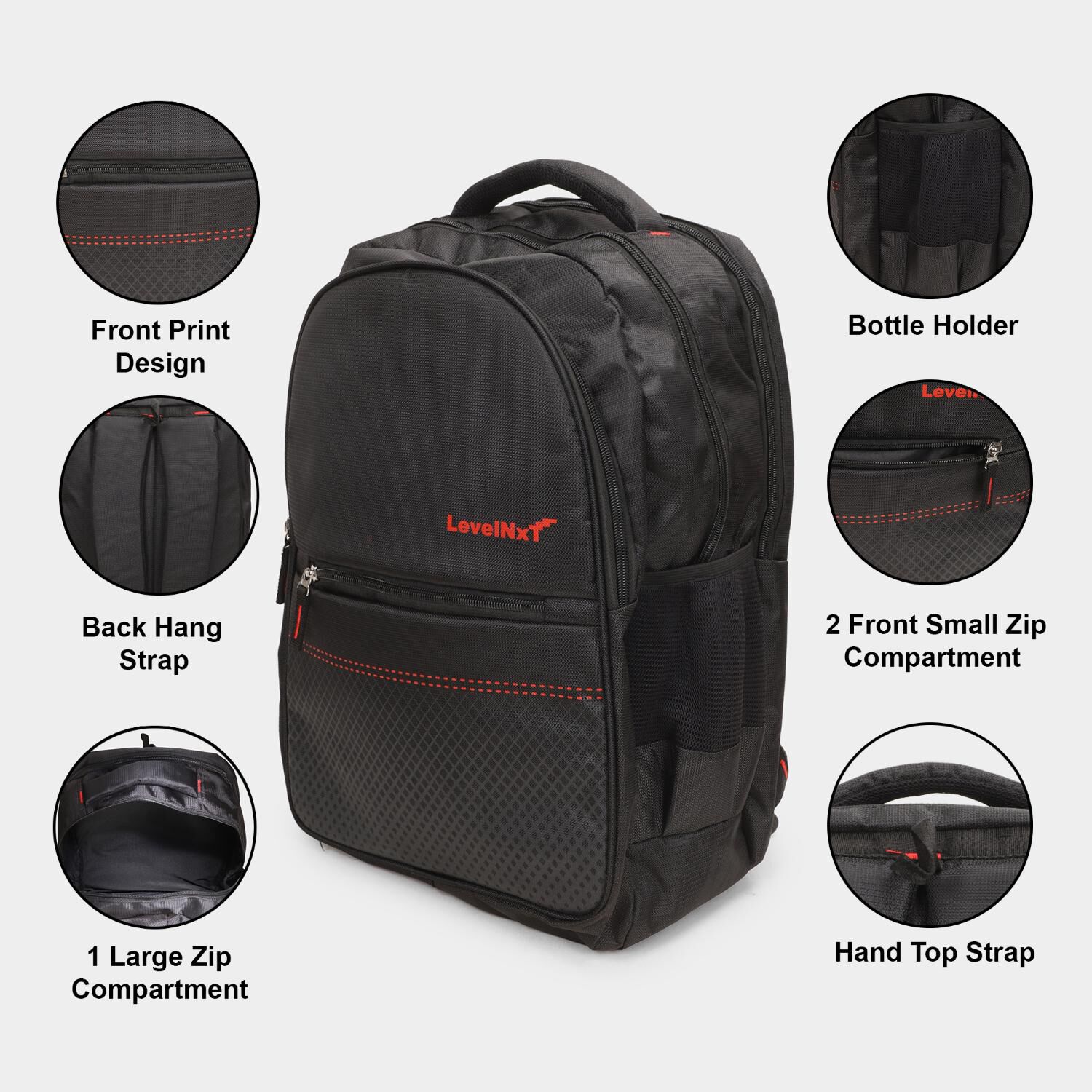 Levelnxt Black Polyester Backpack WithLaptop Compartment | Vishal