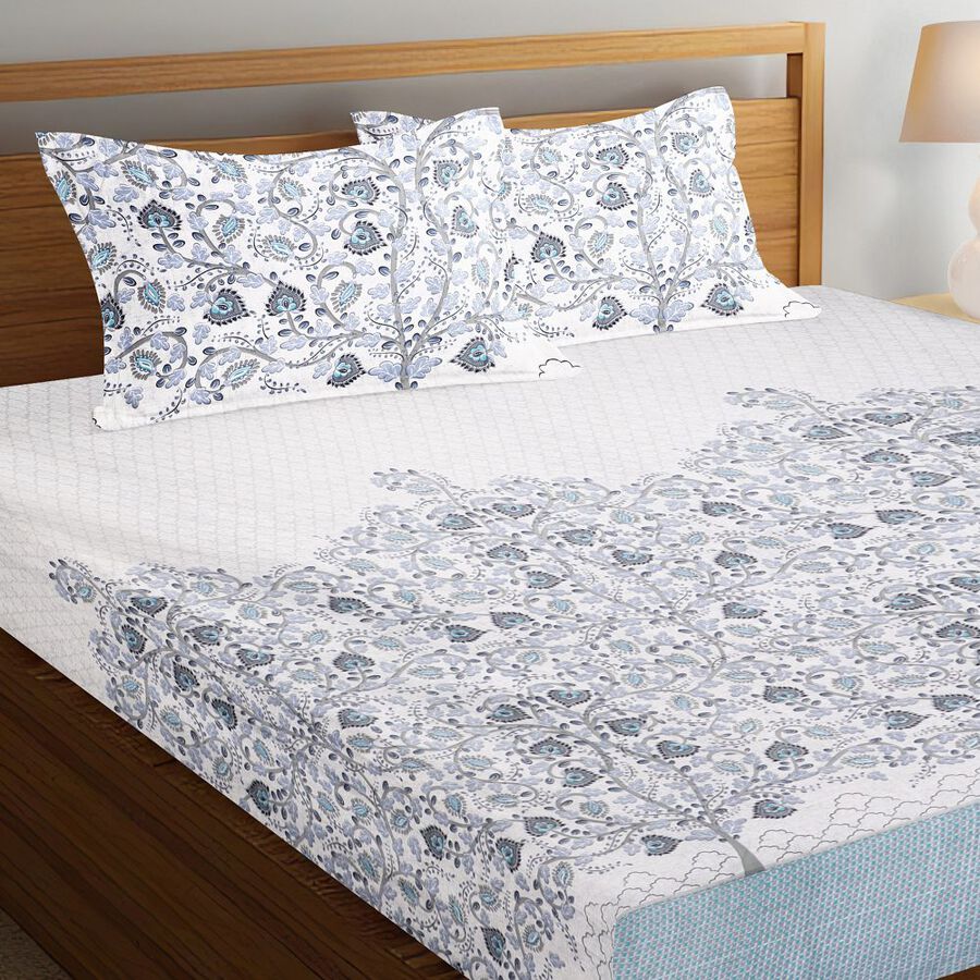 Blue Cotton Double Bedsheet With Pillow Cover, , large image number null
