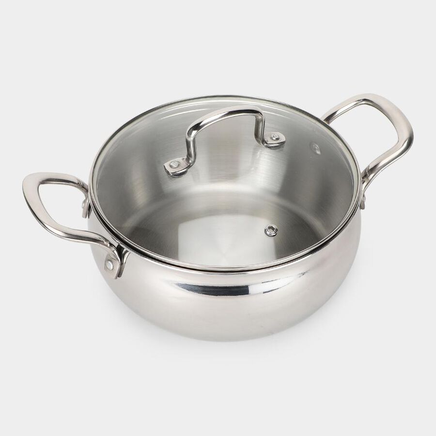  3Ply Cook & Serve with Glass lid, 3L capacity, 20cm diameter, SS304 Inner Food-grade stainless steel layer, Gas + Induction compatible, , large