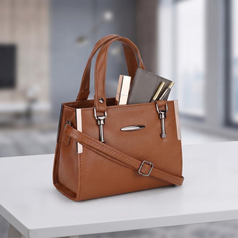 Women's Tan Polyurethane Handbag , , large