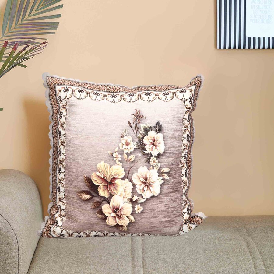 Beige Floral Printed Cushion Cover, , large