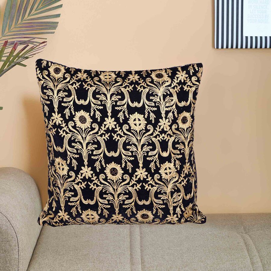 Black Floral Embroidered Cushion Cover, , large